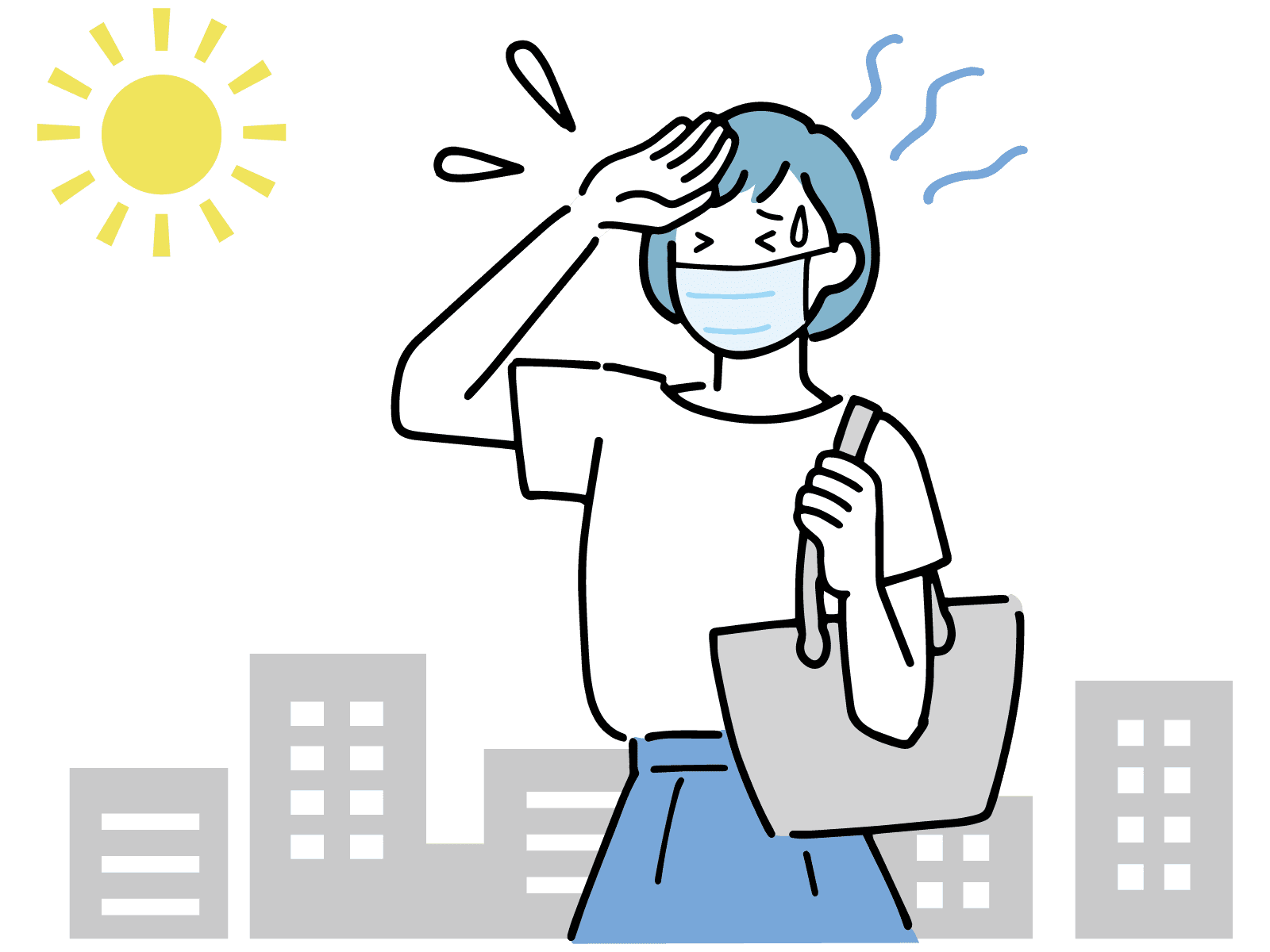 汗をかいているマスクをした女性のイラスト